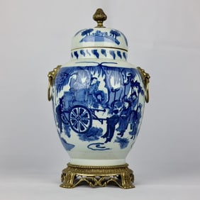 An Exquisite Blue and White Inlaid Bronze Character and Story Pattern Double-Ears Jar