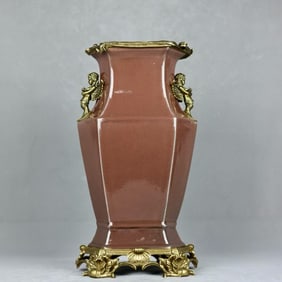 An Exquisite PeachBloom-Glazed Inlaid Bronze Double-Ears Vase