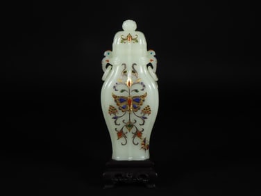 An Exquisite White Jade Inlaid Gems Flower and Butterfly Pattern Double-Ears Vase