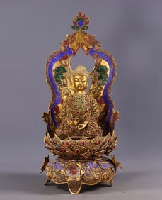 An Exquisite Gilt Bronze Inlaid Gems Buddha Statue