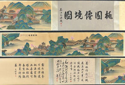 A Chinese Hand Scroll Ink Painting of Landscape on Silk