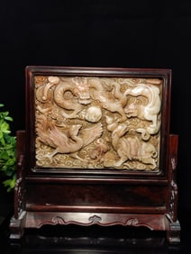 An Exquisite Shoushan Stone Auspicious Beast Patternwith poem Screen