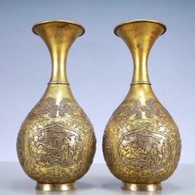 A Exquisite A pair of Gilt Bronze Lotus Pattern Character and Story Pattern Vase