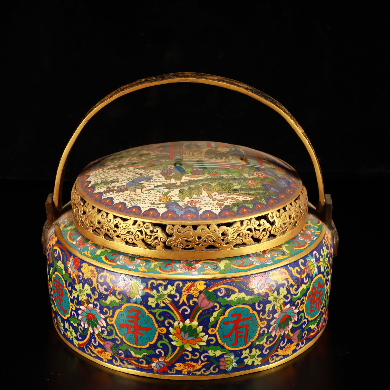 A Rare Cloisonne Lotus and Figure Pattern Handwarmer