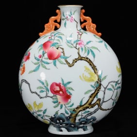 A Rare Famille-Rose Peach Pattern Double-Ears Vase