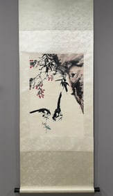 A Chinese Vertical Scroll Ink Painting of Flower and Bird on Paper,Jin Moru