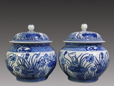 A Pair of Exquisite Blue and White Lotus Pattern Tea Caddys