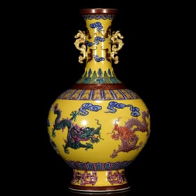 An Exquisite Famille-Rose Carved Painted Gold Dragon Pattern Double-Ears Vase