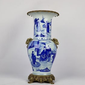 A Huge Blue and White Figure Pattern Inlaid Bronze Sheep-Ears Vase