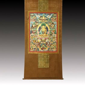 A Rare Brocade Painted Color Buddha Statue Tangka