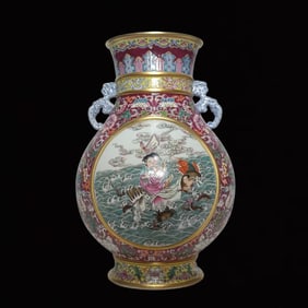 A Rare Enamel Ruby Red-Glazed Painted Gold Lotus and Figure Pattern Double-Ears Vase