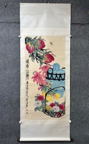 A Chinese Vertical Scroll Ink Painting of Flower and Fruit on Paper,Qi Baishi
