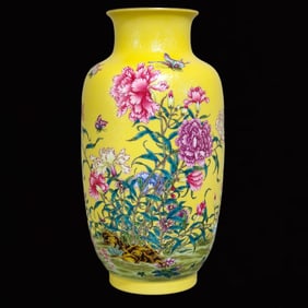 A Rare Enamel Yellow Glazed Painted Gold Flower and Butterfly Pattern Vase,With Poem