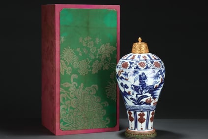 A Huge Blue and White Underglaze-Red Lotus, Character and Story Pattern Vase, With Gilt Cover