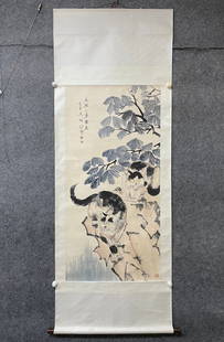 A Chinese Vertical Scroll Ink Painting of Cat on Paper,Xu Beihong: A Chinese Vertical Scroll Ink Painting of Cat on Paper,Xu Beihong,Without frame Size:26inx53.1in &#19968;&#24133;&#20013;&#22269;&#27700;&#22696;&#29483;&#22270;&#31435;&#36724;,&#24464;&#24754;&#4051