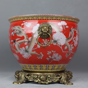 A Rare Famille-Rose Dragon Pattern Inlaid Bronze Lion-Ears Vat