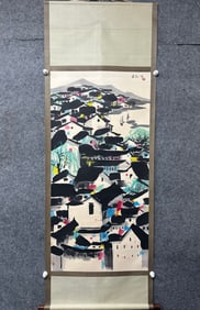 A Chinese Vertical Scroll Ink Painting of Landscape and Figure on Paper,Wu Guanzhong