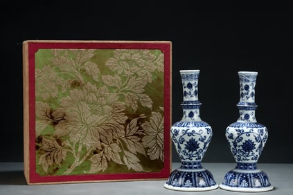 A Pair of Exquisite Blue and White Lotus Pattern Candlesticks