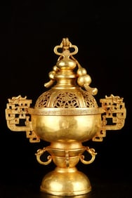 An Exquisite Gilt Bronze Gourd Pattern Double-Ears Censer