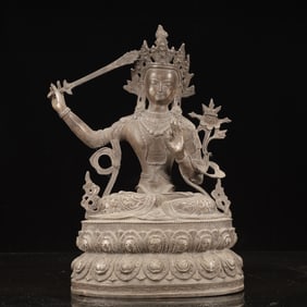 A Rare Silver-plated Copper Statue of Manjusri