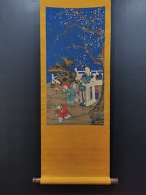 A Chinese Vertical Scroll Ink Painting of Character and Story on Silk,Jin Tingbiao