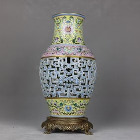A Rare Yellow Ground Famille-Rose Hollow Lotus Pattern Inlaid Bronze Cover with Gold Vase