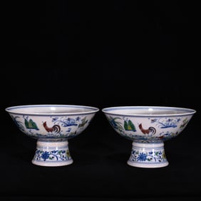 A Pair of Exquisite Doucai Rooster Pattern Stem Bowl