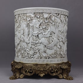 A Rare White Glazed Crane and Lotus Pattern Inlaid Bronze Brush Pot