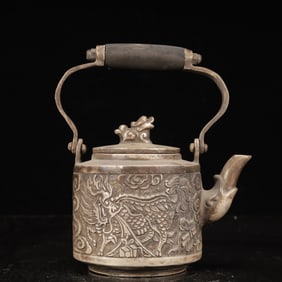 An Exquisite Silver-plated Copper Kylin Pattern Ewer