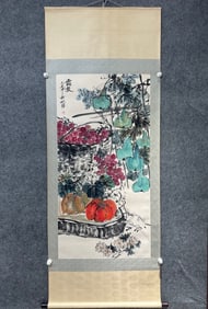 A Chinese Vertical Scroll Ink Painting of Flower and Fruit on Paper,Zhu Yizhan