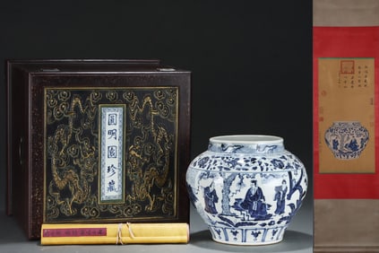A Rare Blue and White Lotus,Character and Story Pattern Jar,With Vertical Scroll Painting on Silk