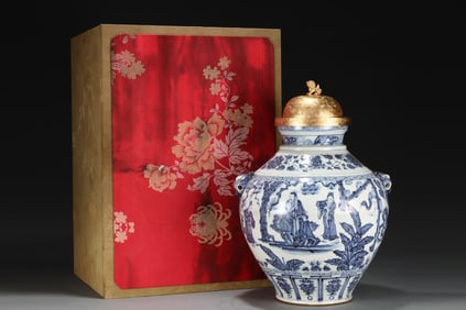 A Huge Blue and White Figure Pattern Beast-Ears Jar , with Gilt Cover