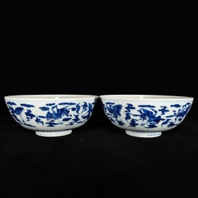 A Pair of Exquisite Blue and White Crane Pattern Bowl