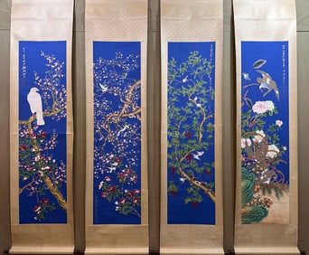 A Set of Chinese Vertical Scroll Ink Painting of Flower and Bird on Paper,Zhang Daqian