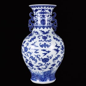 A Huge Blue and White Bats and Peach Pattern Double-Ears Vase