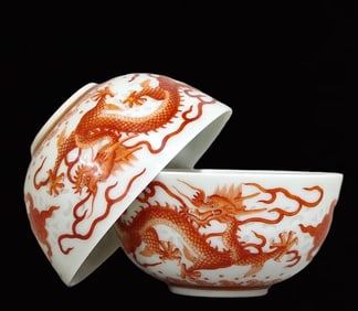 A Pair of Exquisite Iron-Red Glazed Dragon Pattern Cups