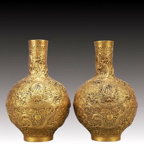 A Pair of Rare Gilt Bronze Dragon Pattern Vases