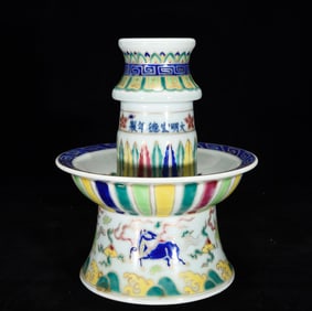 An Exquisite Wucai Painted Gold Auspicious Beast Pattern Candlestick