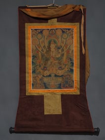 A Rare Brocade Painted Color Statue of Four-Armed Guanyin Tangka