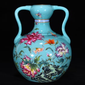 An Exquisite Green Ground Famille-Rose Flower and Butterfly Pattern Double-Ears Vase,With Poem