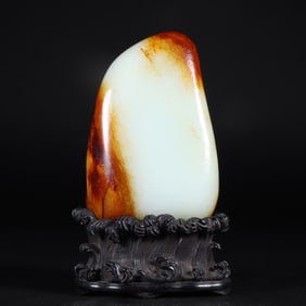 An Exquisite White Jade Ornament,With Zitanwood Base