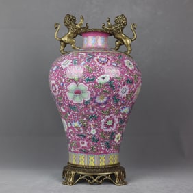 A Huge Famille-Rose Flower Pattern Inlaid Bronze Lion-Ears Vase