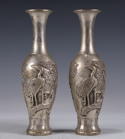 A Pair of Exquisite Silver-plated Crane Pattern Vases