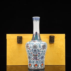 An Exquisite Blue and White Famille-Rose Lotus and Eight Treasures Pattern Vase