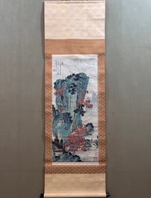 A Chinese Vertical Scroll Ink Painting of Landscape on Paper,Tang Yin