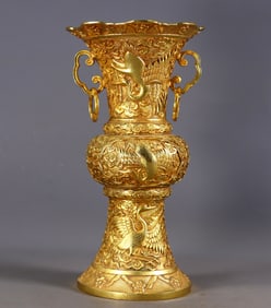 An Exquisite Gilt Bronze Crane Pattern Double-Ears Vase