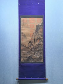 A Chinese Vertical Scroll Ink Painting of Landscape and Figure on Silk,Li Bai
