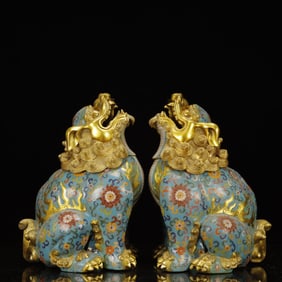 A Pair of Huge Cloisonne Flower Pattern Auspicious Beast Censers