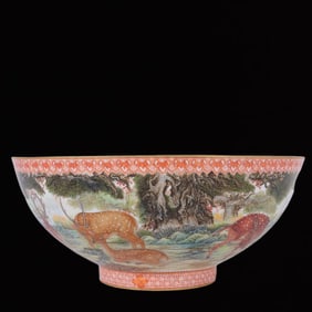 An Exquisite Famille-Rose Iron-Red Deer Pattern Bowl