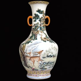 A Huge Famille-Rose Painted Gold Pine,Crane and Deer Pattern Double-Ears Vase